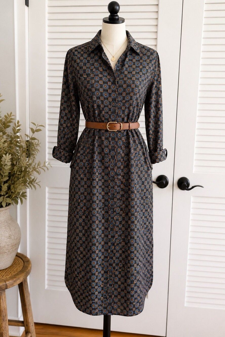 Banana Republic Petite XS Geometric Shirt Dress Button Front Long Sleeve Pockets